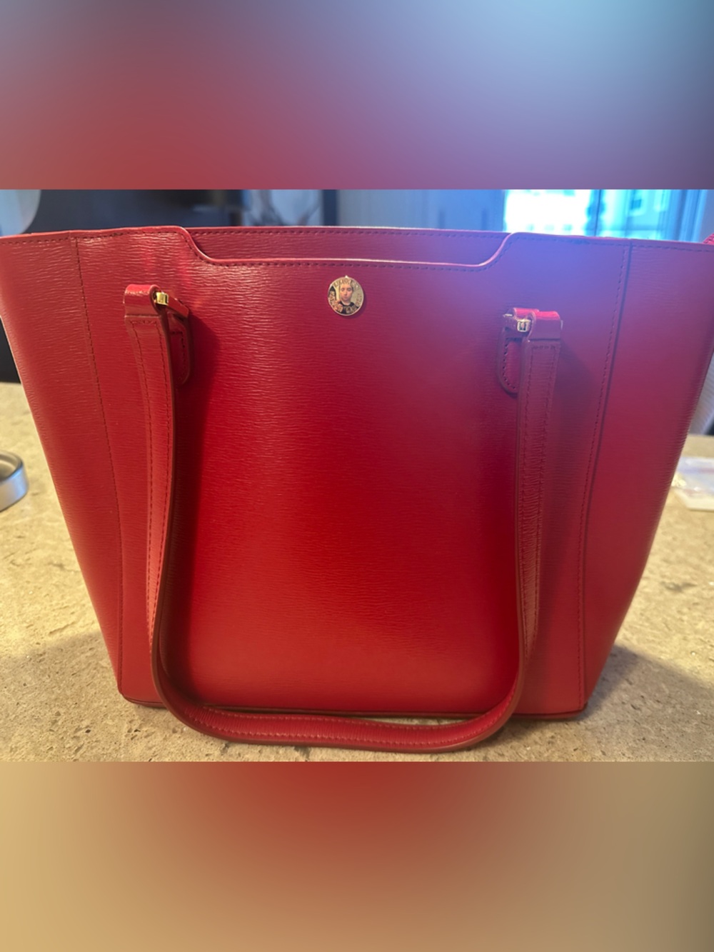 Lauren Ralph Lauren Red Leather Tote with Gold Accent